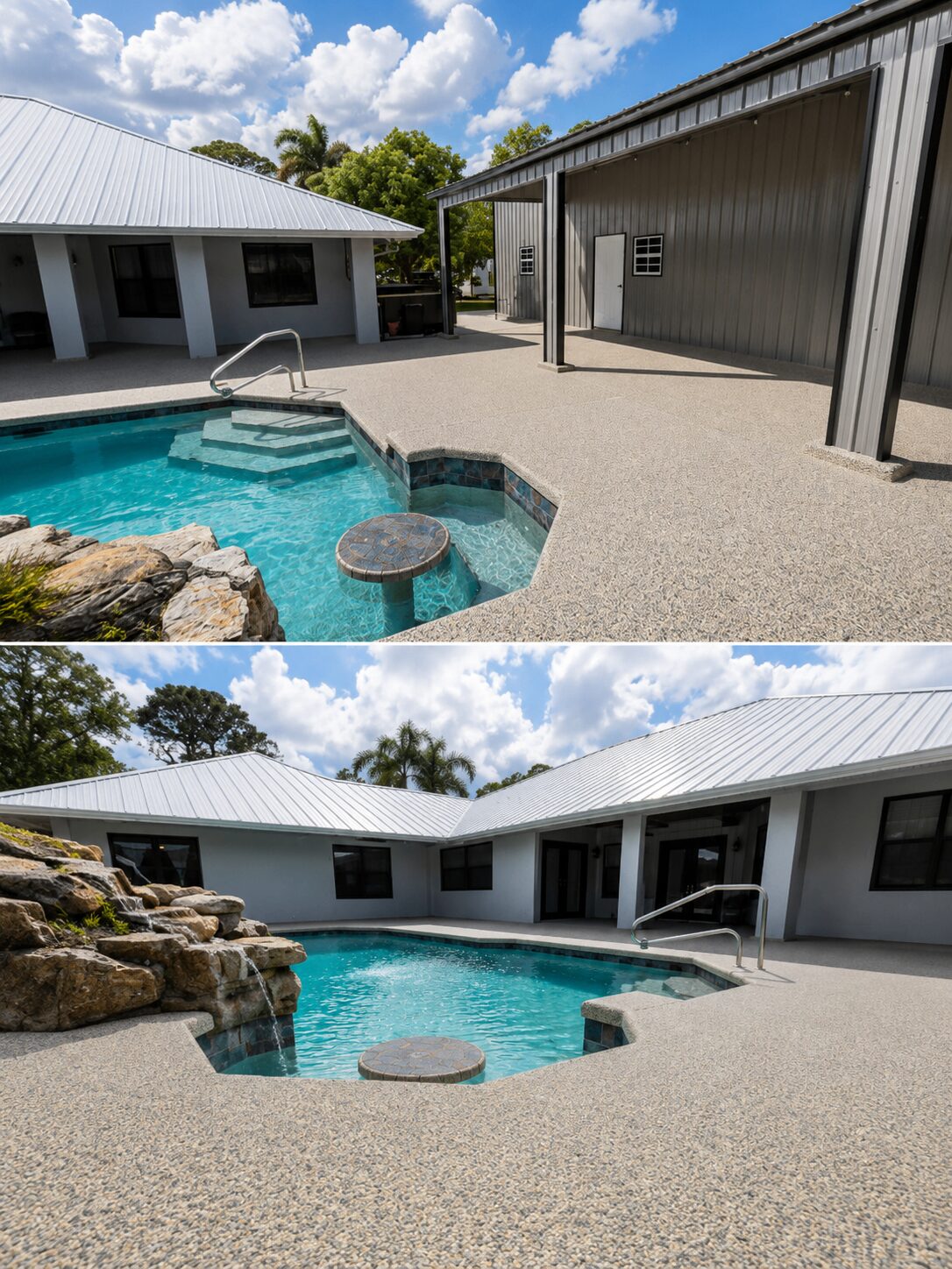 Textured concrete pool deck around a backyard swimming pool