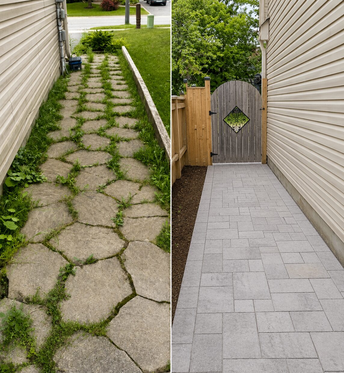 Side-by-side before and after image of a concrete walkway transformation